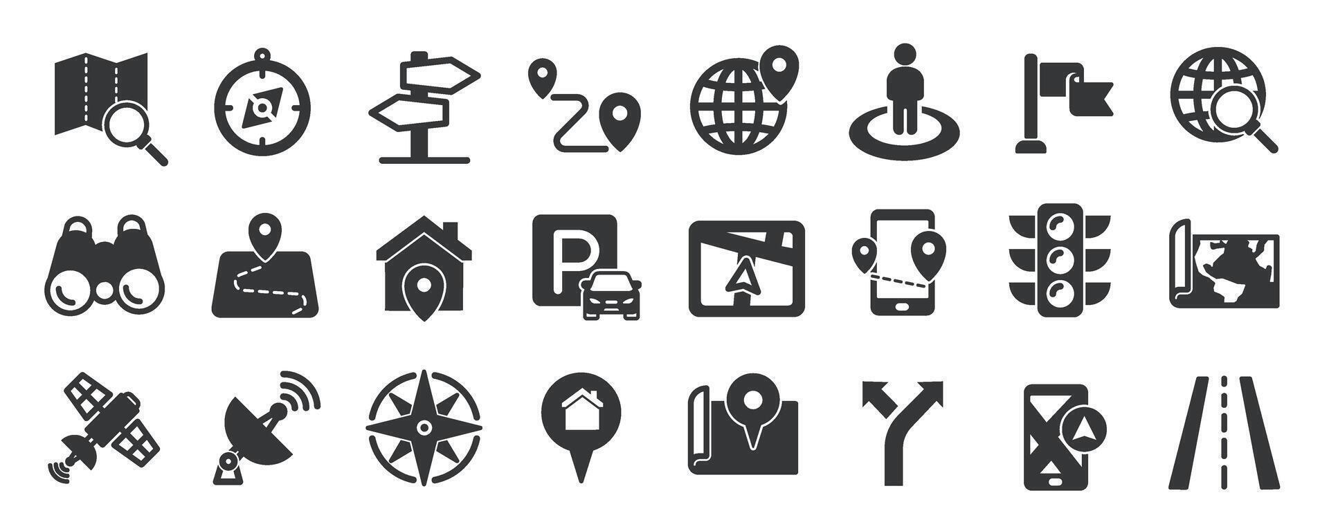 Navigation glyph solid icons collection. Containing GPS, map, location, route vector