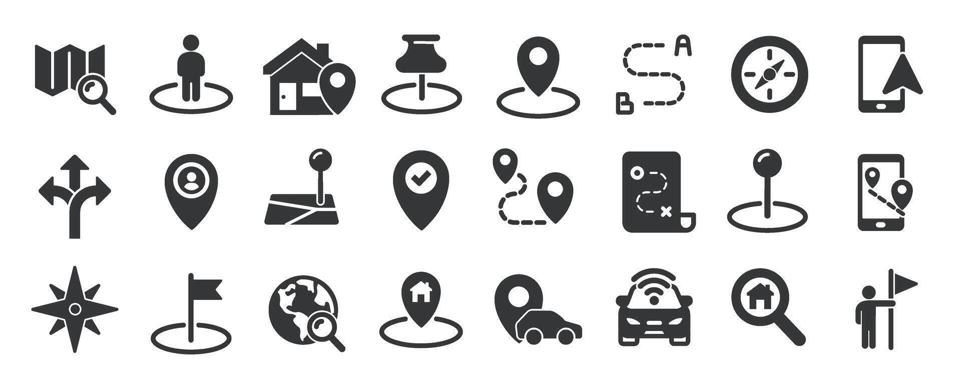 Navigation glyph solid icons collection. Containing GPS, map, location vector