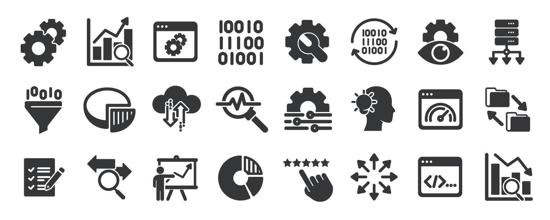 Data analytics glyph solid icons collection. Containing analysis, monitoring, report, data filter vector