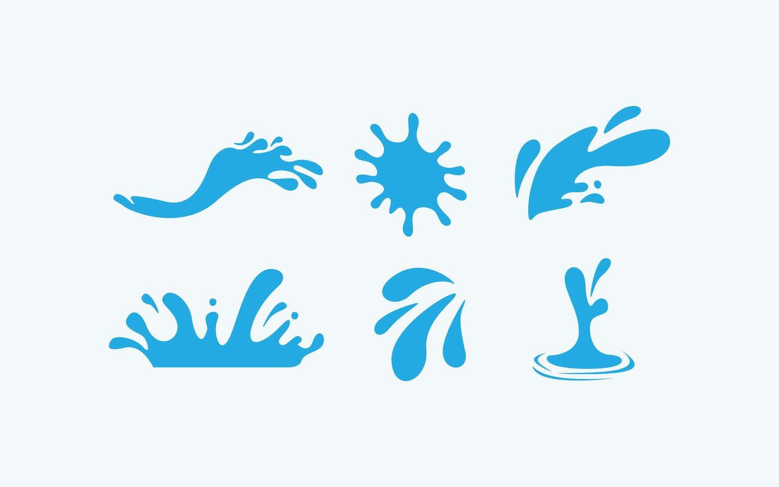 Set of dynamic blue water splash shapes, including waves, spray, and ripples. Energy, liquid, and summer design elements. Different forms of water splashes and sprays isolated on background vector
