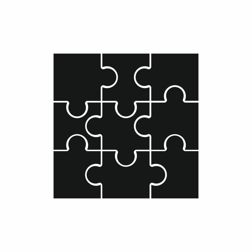Completed nine-piece jigsaw puzzle icon. Black square graphic symbolizing strategy, teamwork, business solution, and system integration. Flat design element vector