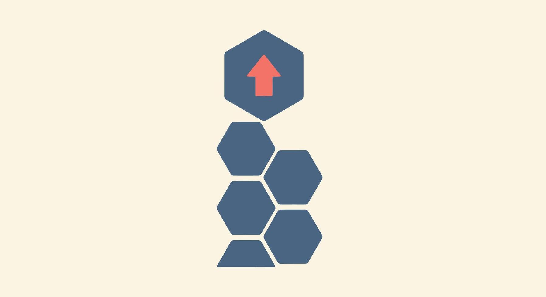 Geometric abstract design with blue hexagons and a red arrow pointing upwards, isolated on a light background vector