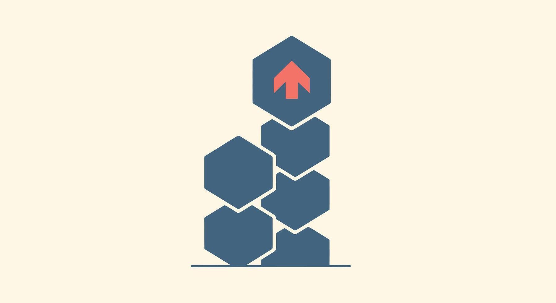A Abstract geometric shapes stacked in a column with an upward arrow on the top hexagon, symbolizing growth and progress vector