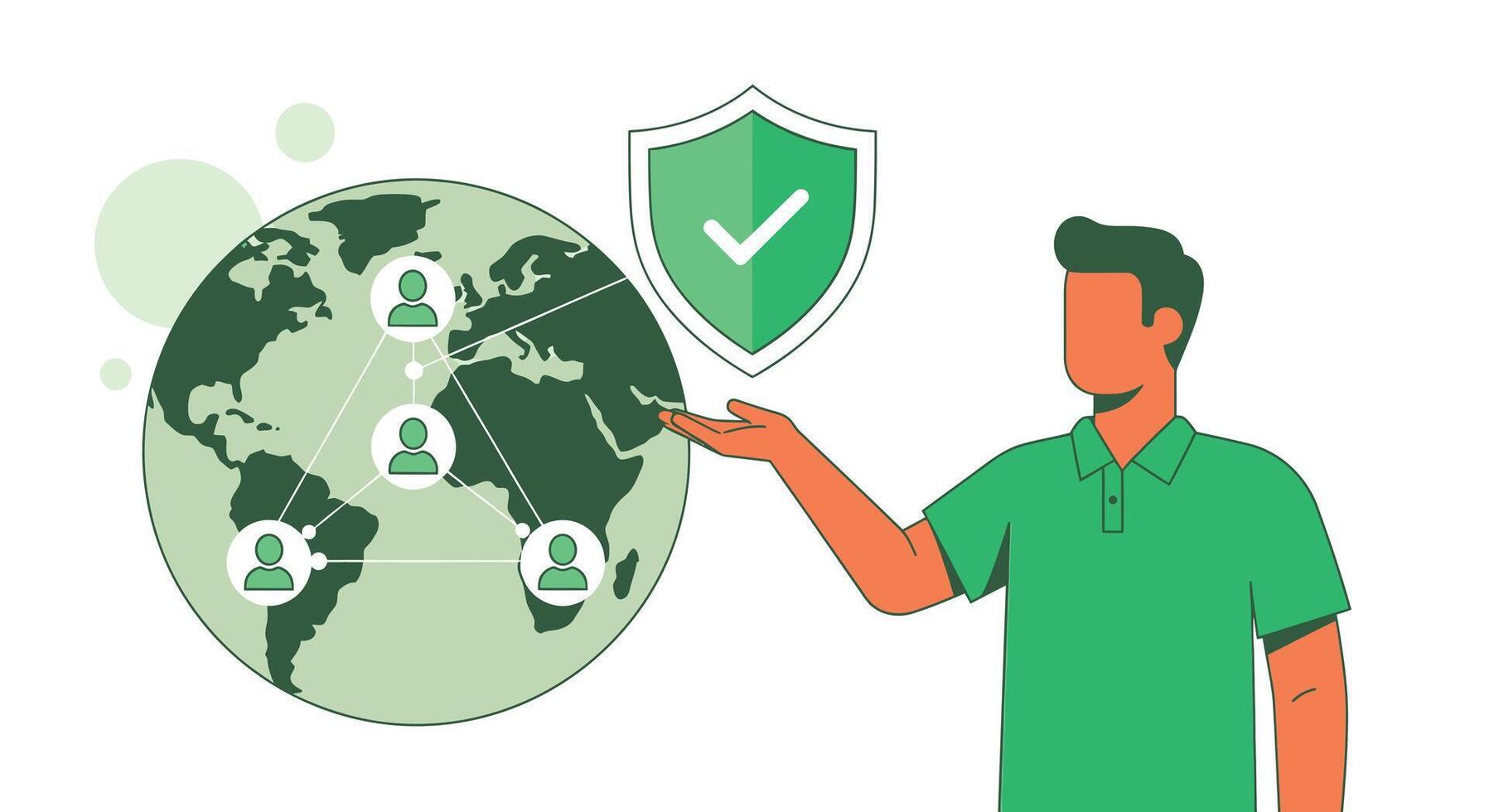 Man presenting a global network of people connected, with a shield indicating security and protection vector