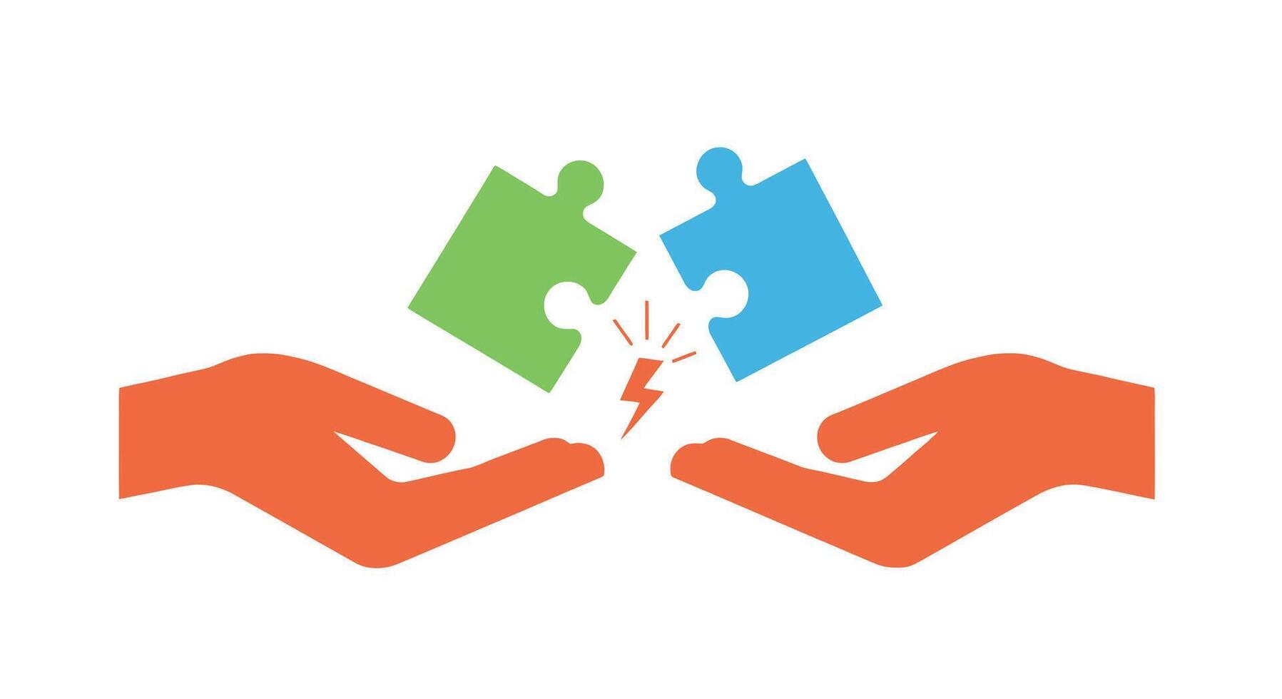 Hands holding puzzle pieces with lightning, isolated on, representing a clash of ideas and the potential for conflict vector