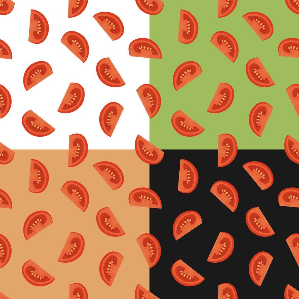 Set of seamless patterns with sliced tomato. Tomato wedges and slices for salad vector