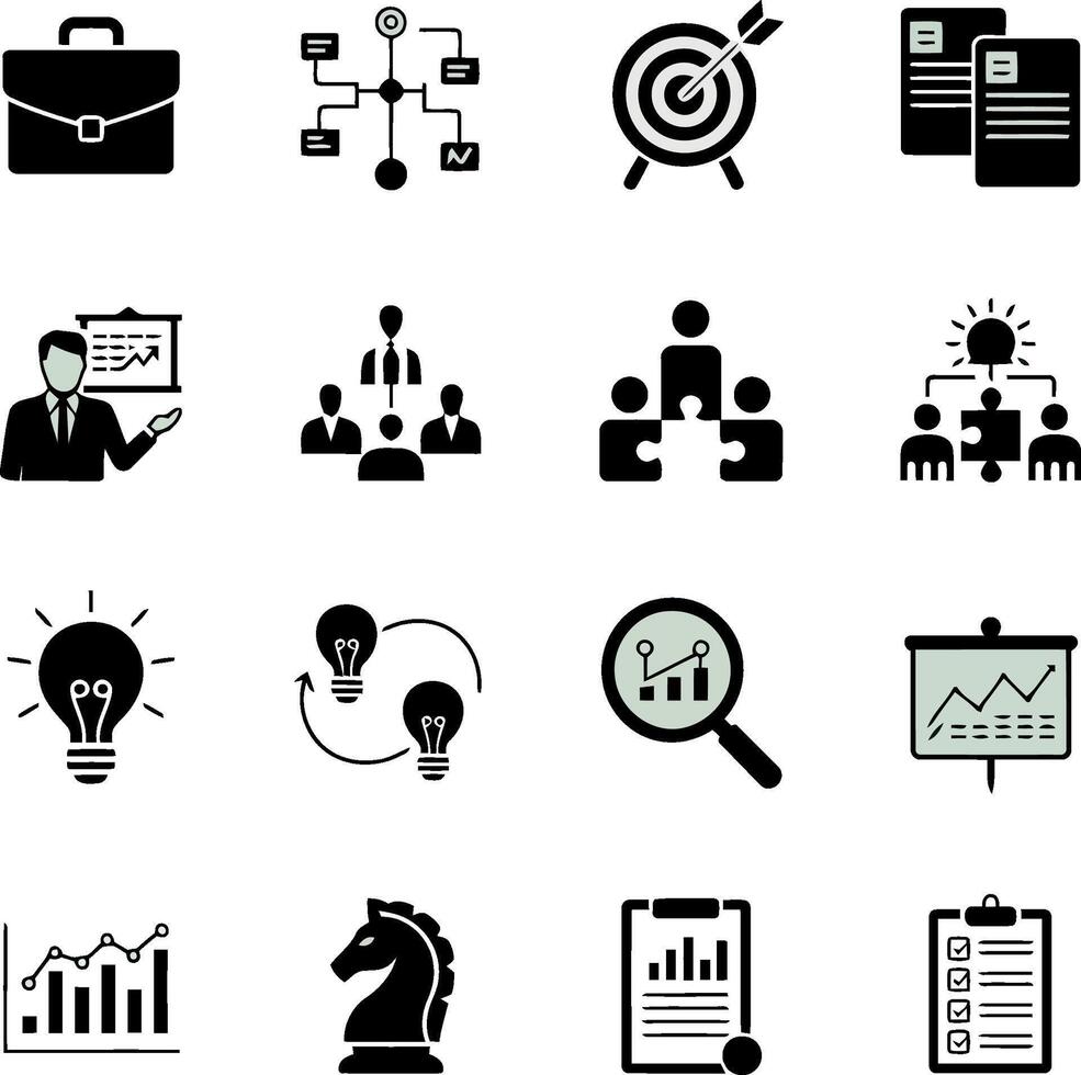 Business strategy icons including briefcase target flowchart lightbulbs and charts documents vector