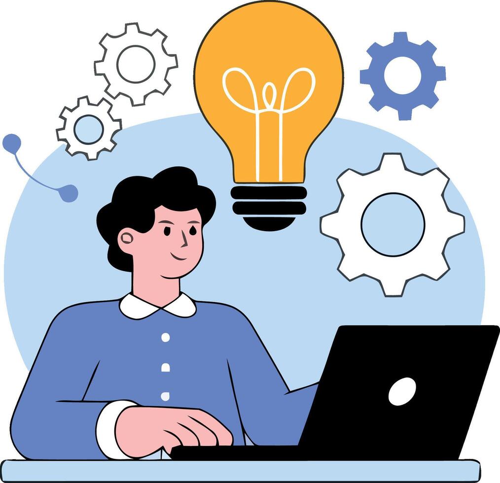 Person at laptop with lightbulb and gears representing ideas and work computer vector