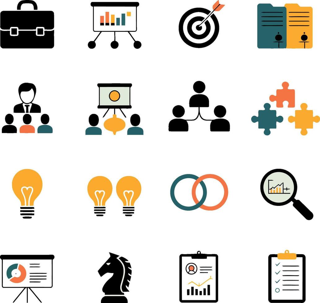 Business icons briefcase chart target puzzle lightbulb chess knight clipboard graph vector