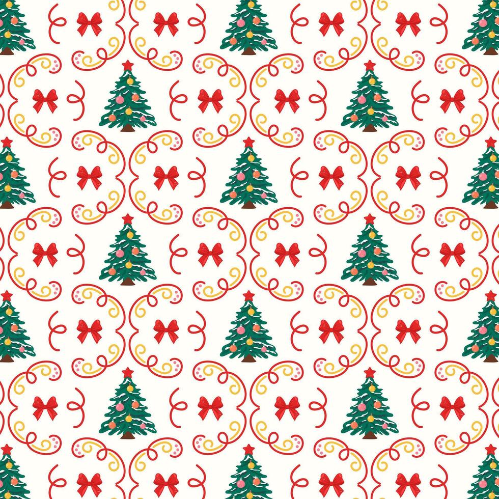A pattern with a Christmas tree and a red bow. Festive winter holiday pattern. Decorative background for greeting cards or wrapping paper. vector