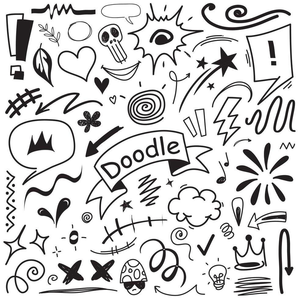Sketch line elements set. Abstract nature elements decoration graphic icon set. Graffiti sketch of stars, bubble speech, hearts hand-drawn line elements for brushes, abstract decoration design. vector