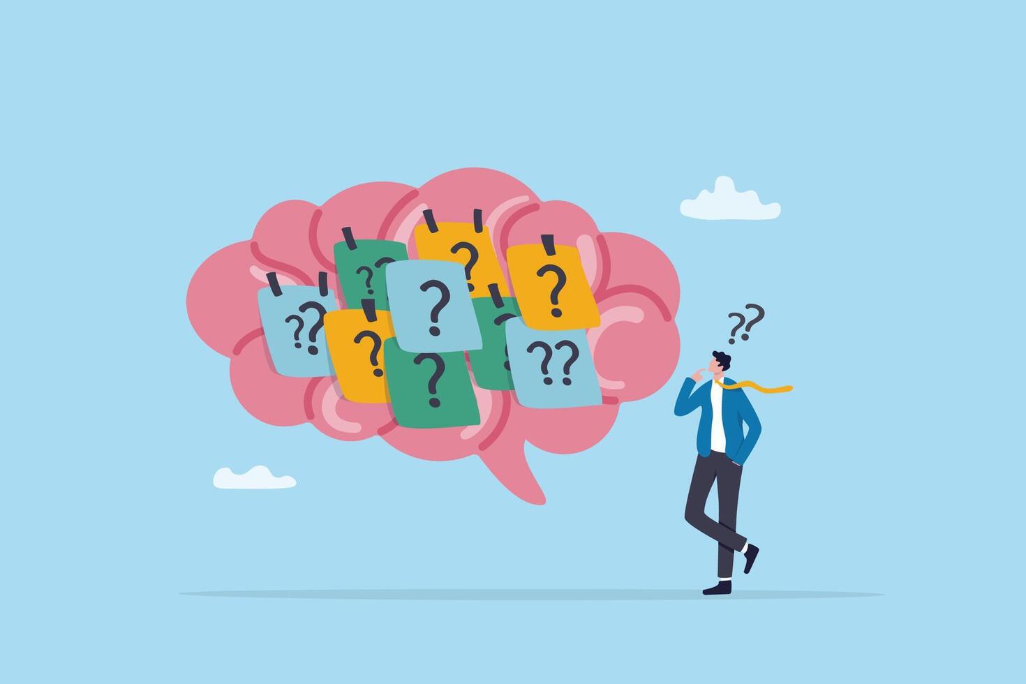 Person thinking with question marks overview vector