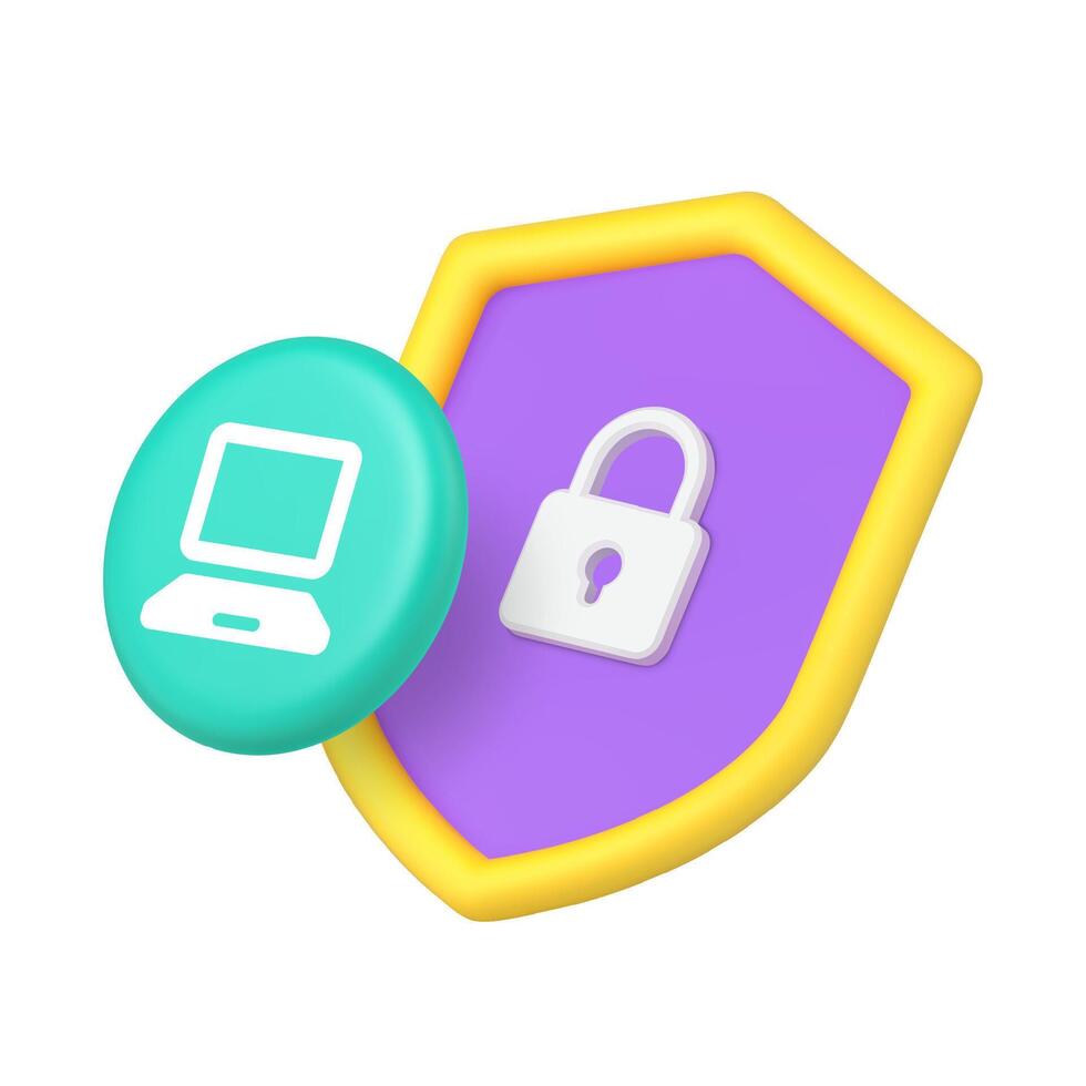 3d Realistic Icon Shield With Lock And Computer For Cyber Security Protection vector