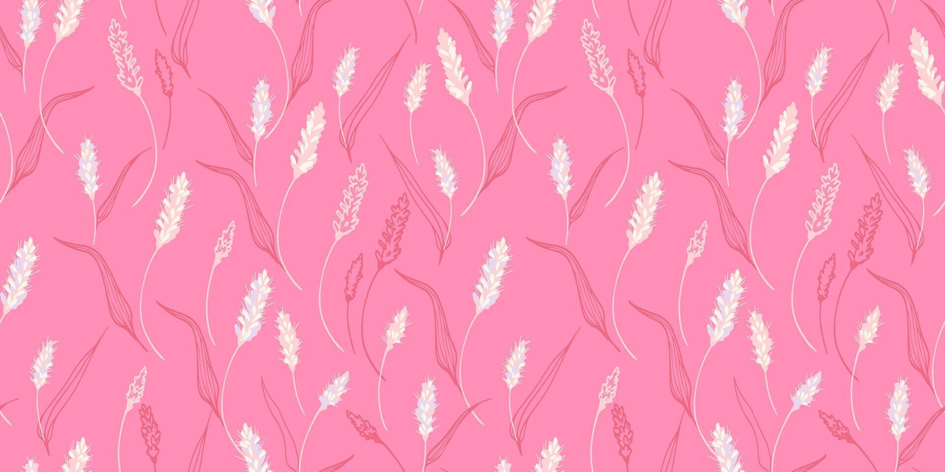 Seamless pattern with soft pastel wheat like floral stems and flowing linear leaves on a bright pink background, creating a lively, feminine and elegant botanical design vector