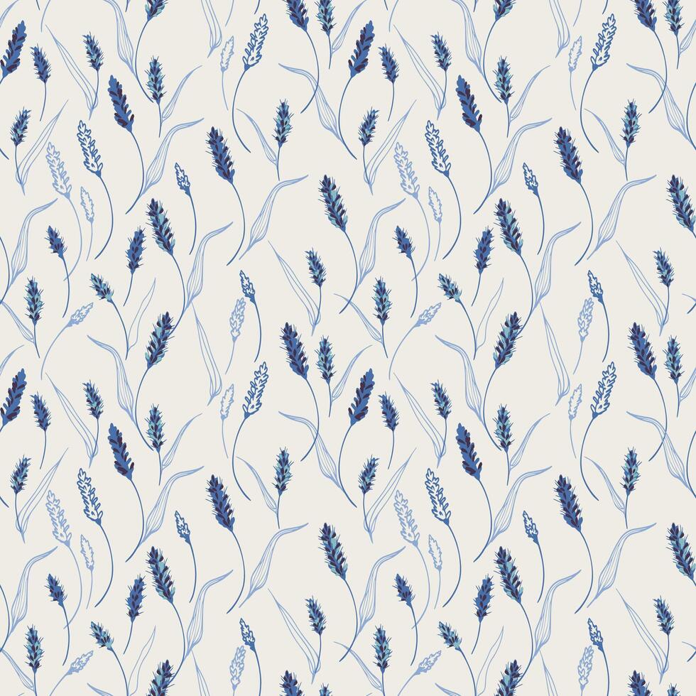 Seamless pattern with elegant blue botanical spikes and flowing linear leaves on a light cream background, creating a refined natural design for textiles and decor vector