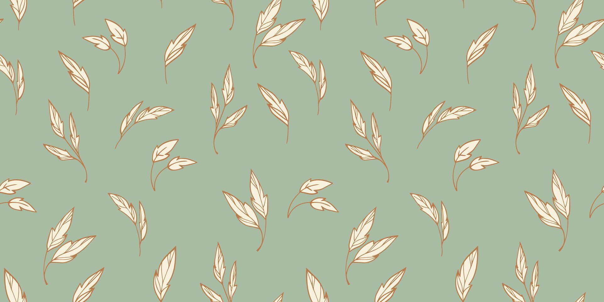 Seamless pattern featuring hand-drawn beige leafy branches outlined in warm brown on a muted sage green background, creating a soft, elegant and natural botanical design vector