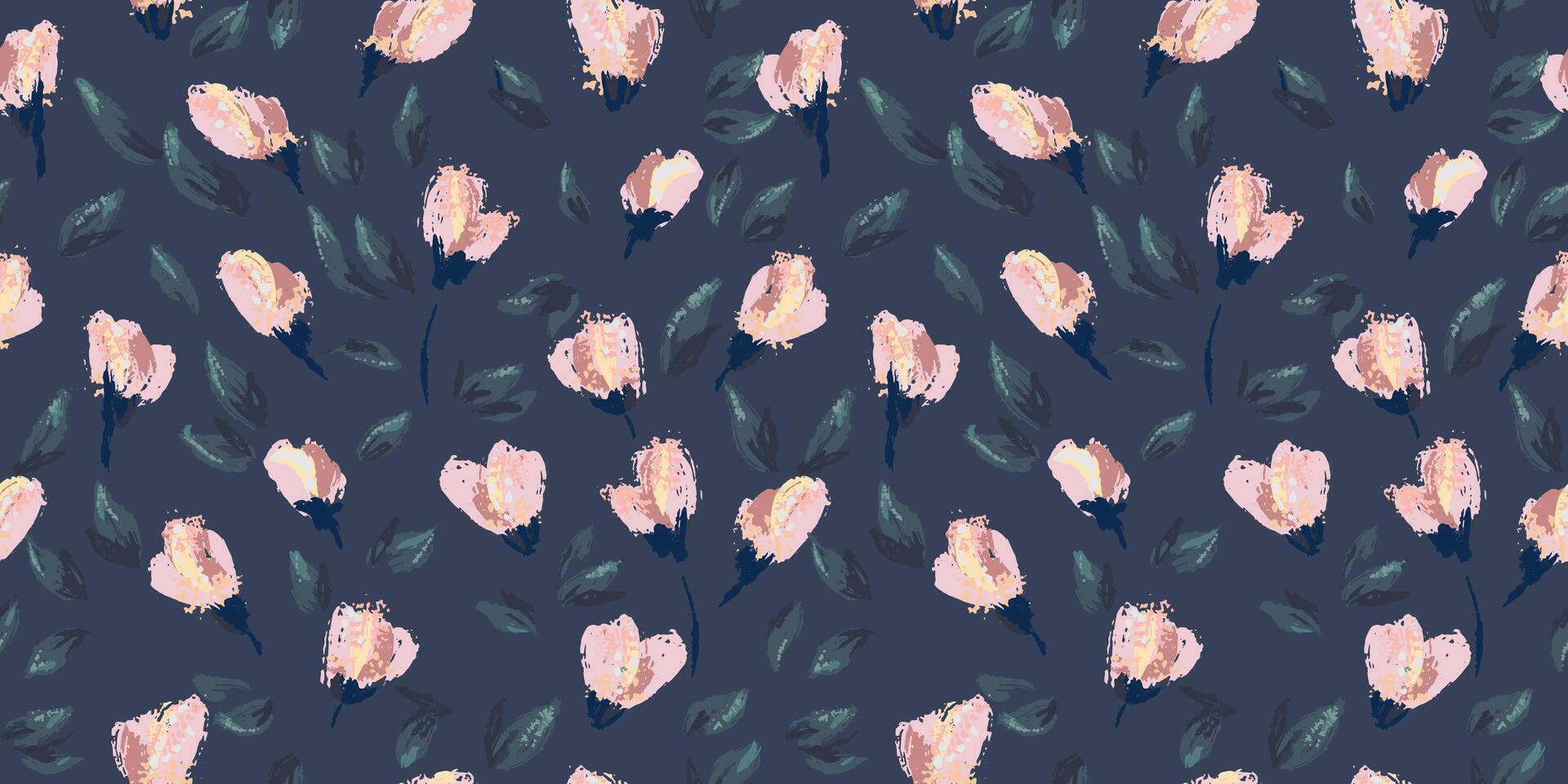 Seamless pattern with expressive hand painted pink flower buds and textured green leaves on a deep navy background. Artistic brush strokes create a modern, elegant botanical design vector