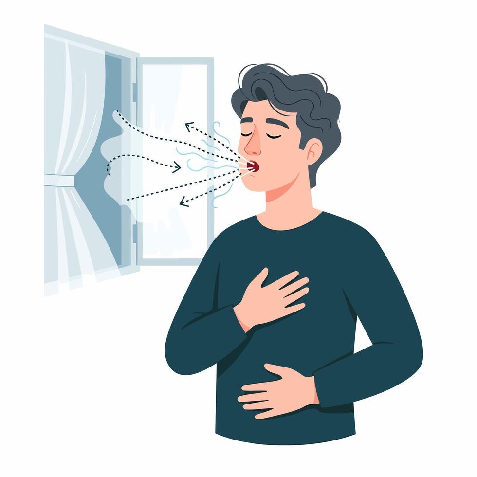 Deep Breathing Exercise Near Open Window vector