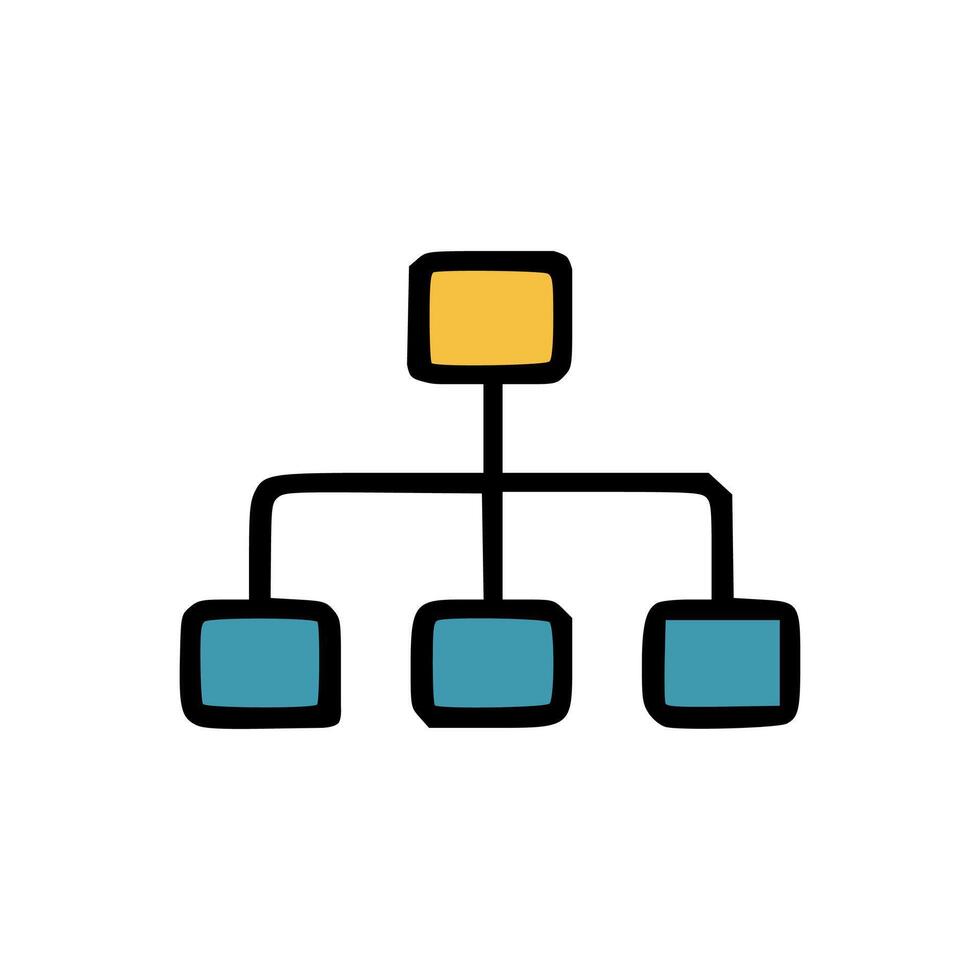 Organizational chart concept icon with four square blocks connected by black lines in cartoon style vector