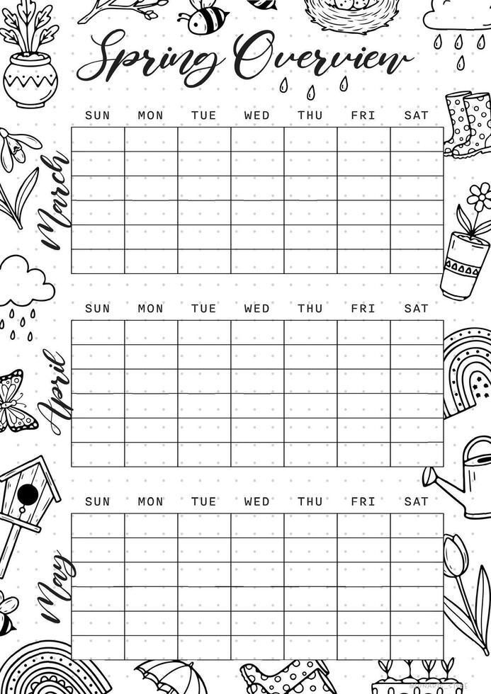 spring overview Bullet Journal Printable Planner Page Template, Illustration, A4 and A5 Sizes, Hand Drawn Doodle Style. Planner pages bullet journal A5 A4 format vector