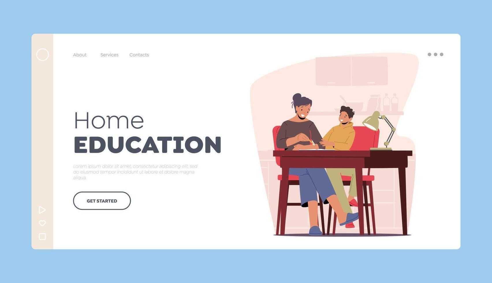 Home Education Landing Page Template. Mother and Little Kid Learn Homework Together. Parent and Child Characters Learn vector