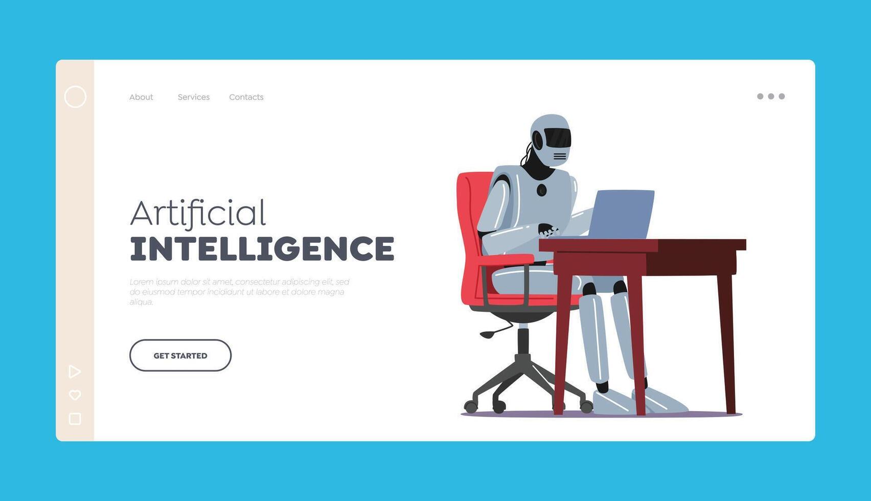 Artificial Intelligence Landing Page Template. Ai Cyborg Character Work on Laptop at Office Desk, Multitasking, Rpa vector