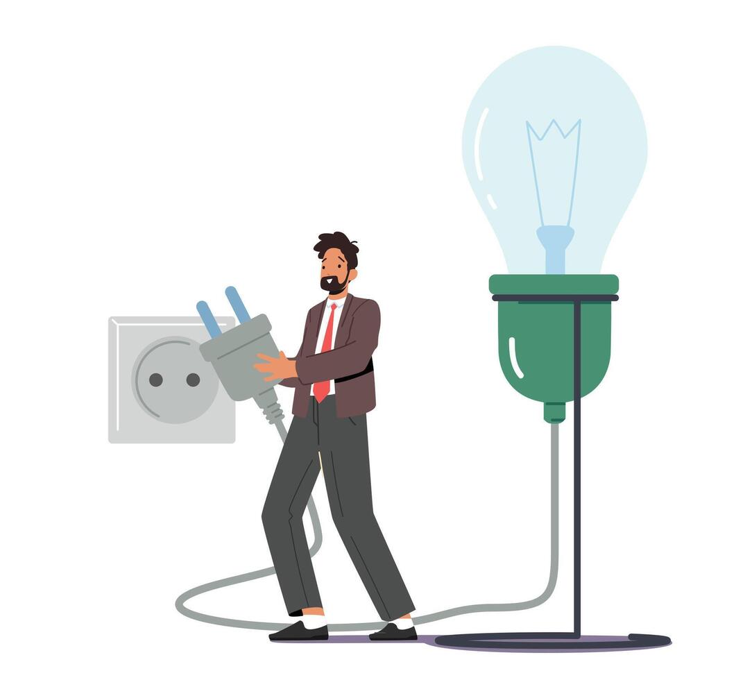 Male Character Switch on Plug into Socket for Huge Light Bulb. Business Man Work on Project Searching for Creative Idea vector