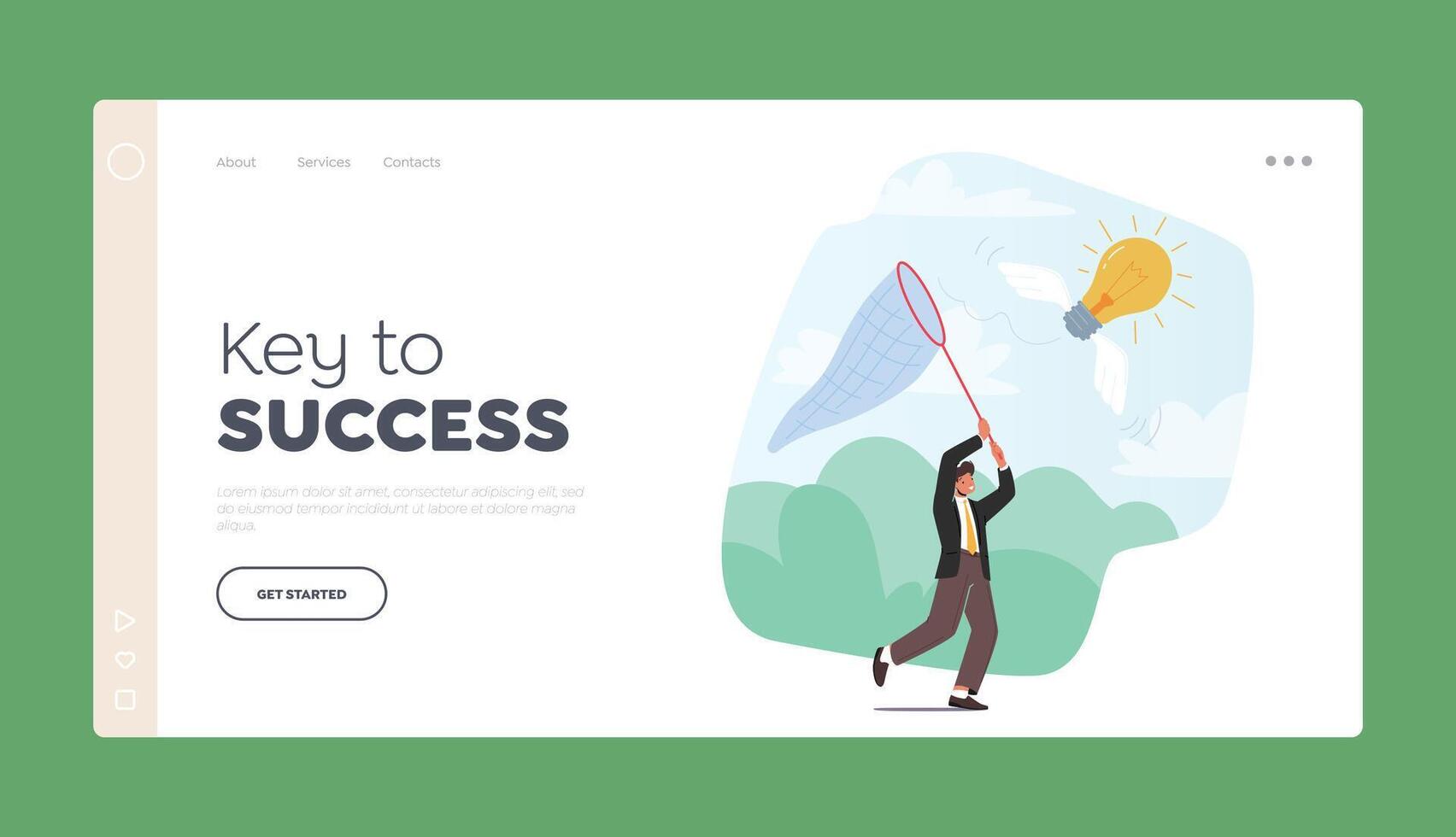 Key to Success Landing Page Template. Businessman Chasing Flying Light Bulb Trying to Catch it with Butterfly Net vector