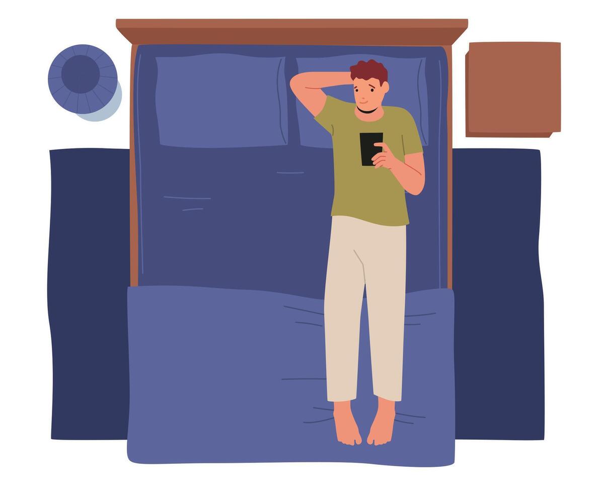 Male Character with Cellphone in Hands Lying in Bed Top View. Mobile Phone Communication Concept. Man with Gadget vector