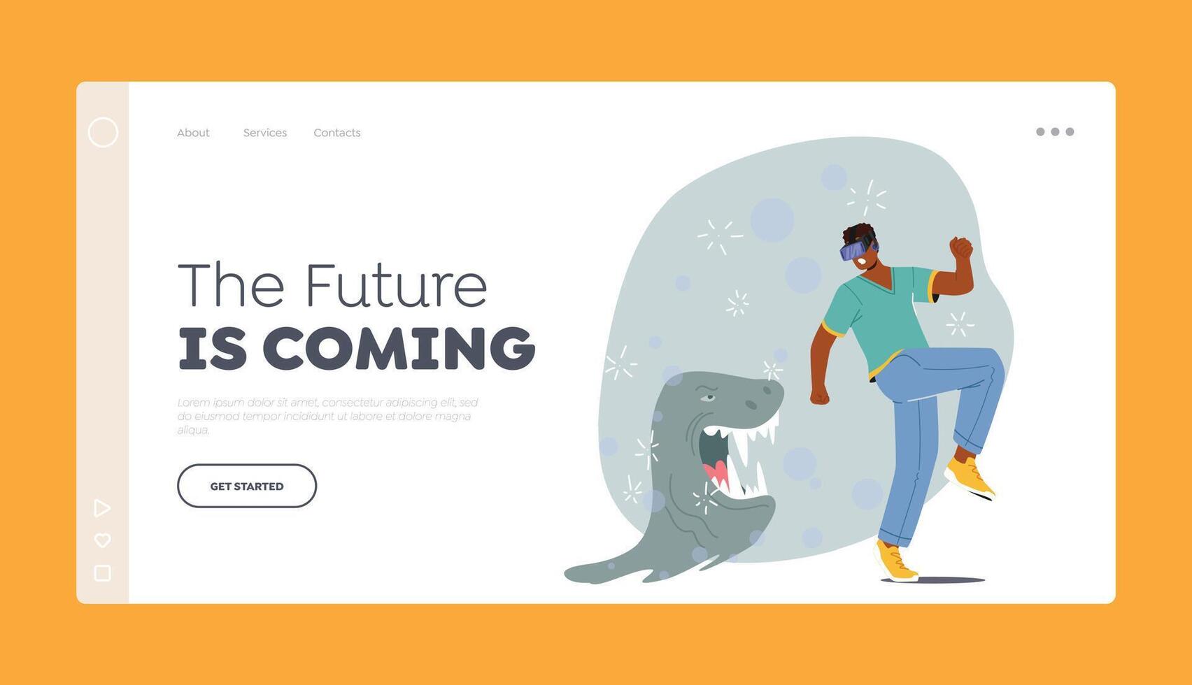 Virtual Reality Recreation Game, Futuristic Interactive Technology Landing Page Template. Man in Goggles in Gamers Club vector