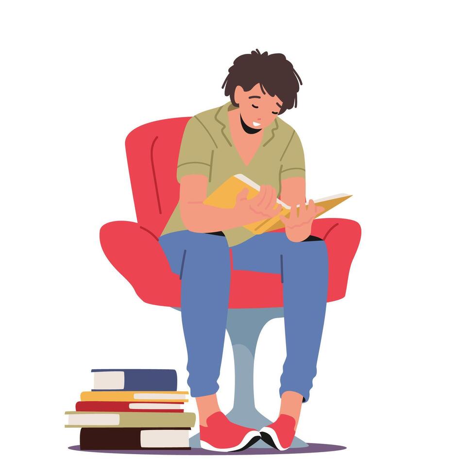 Young Man Student Character Read Book, Learn Homework or Prepare to Exam vector