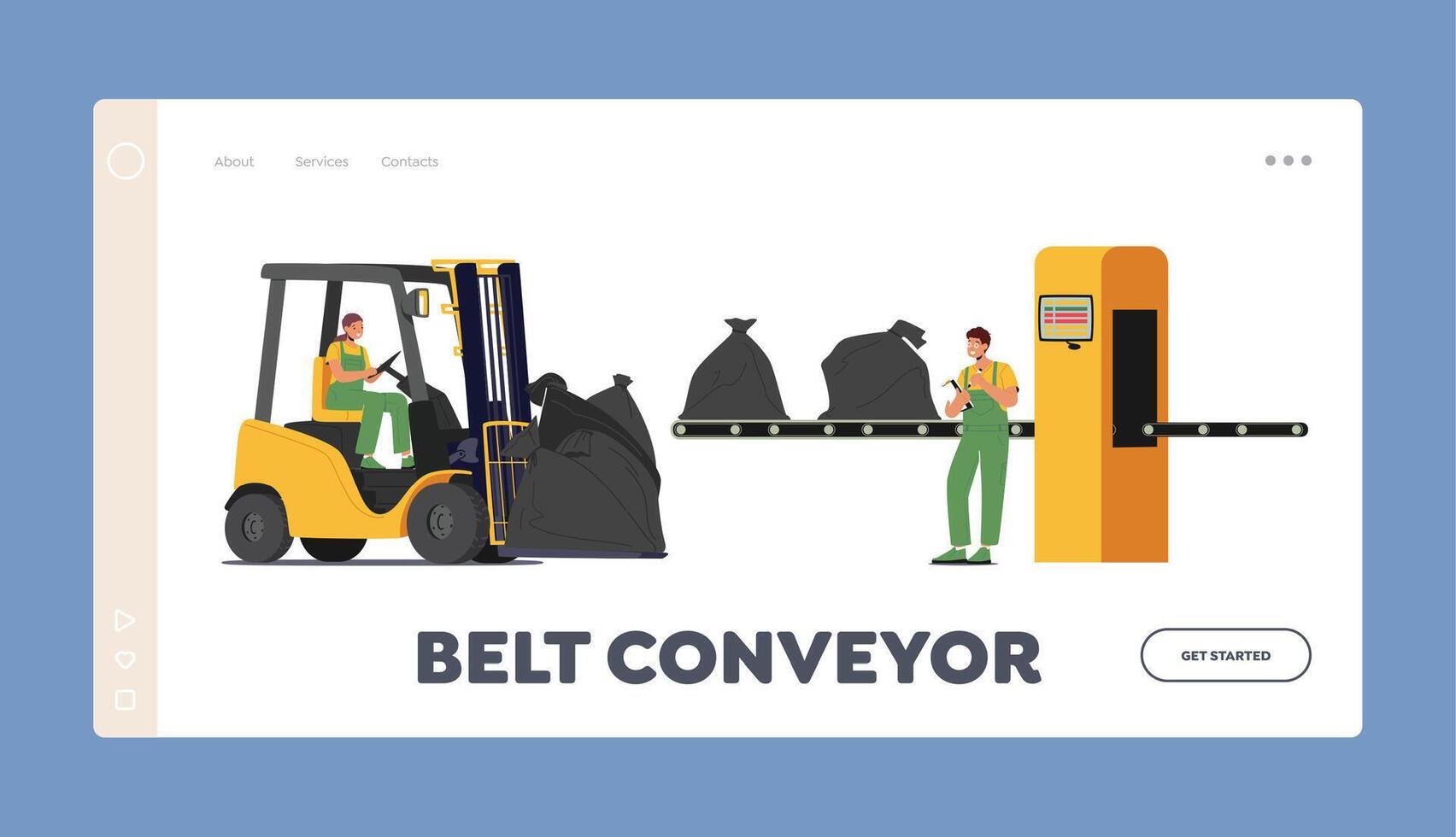 Belt Conveyor Landing Page Template. Wastes Recycling Manufacturing Process. Workers Characters Loading and Sort Trash vector