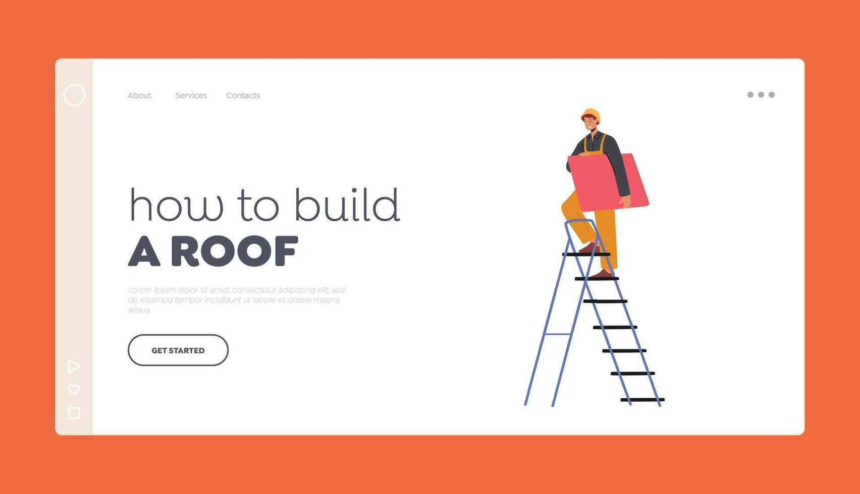 How to Build a Roof Landing Page Template. Worker Character with Tile Climbing on Ladder. Employee Conduct Roofing Works vector