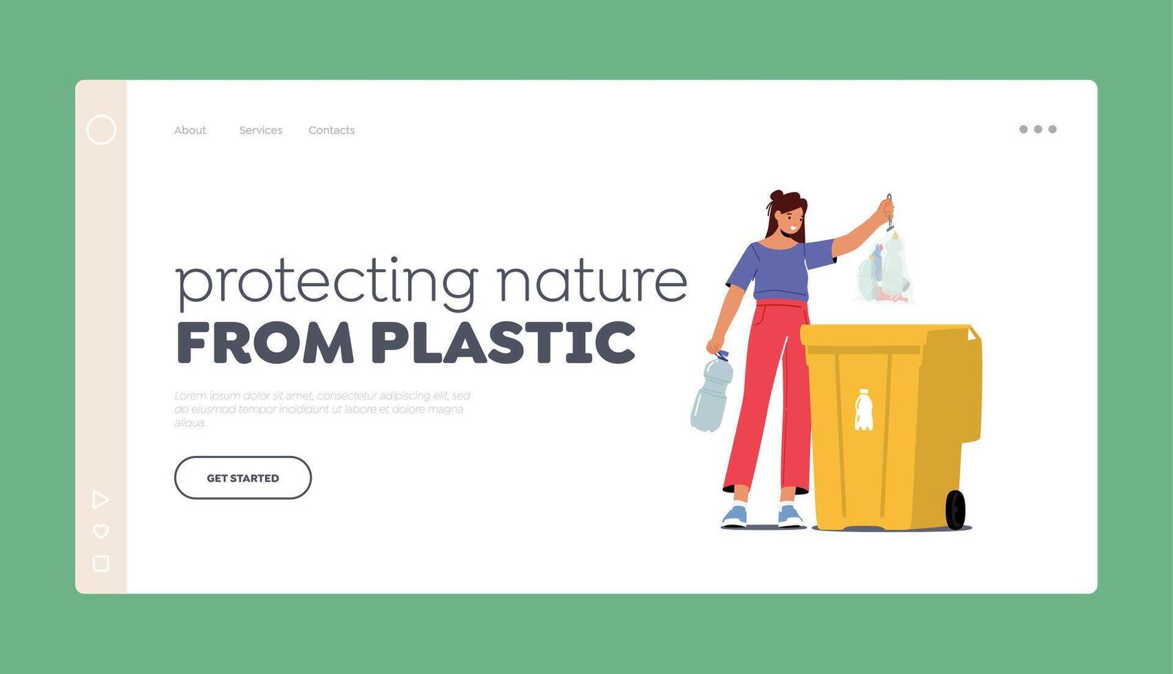 Plastic Reuse, Recycling Solution Landing Page Template. Female Character Throw Trash into Litter Bin Container vector