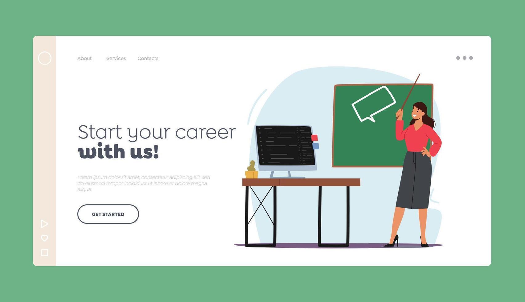 Education Landing Page Template. Foreign Language Teacher Stand at Blackboard Explain Rules to Students in Classroom vector
