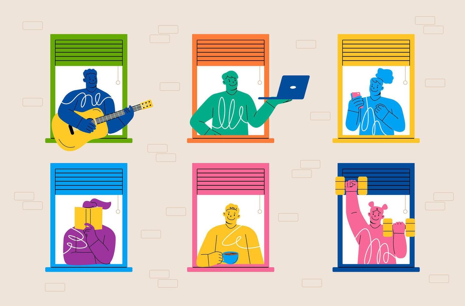 Neighbors in house windows. People in apartments work on computer, play guitar, doing exercises, read book and look outside in windows. Colorful illustration vector