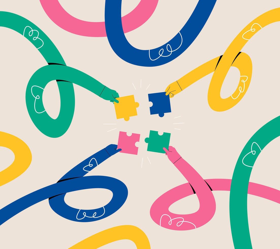 Funny long hands holding a puzzle pieces. Solution, unity, partnership concept, teamwork. Colorful illustration vector