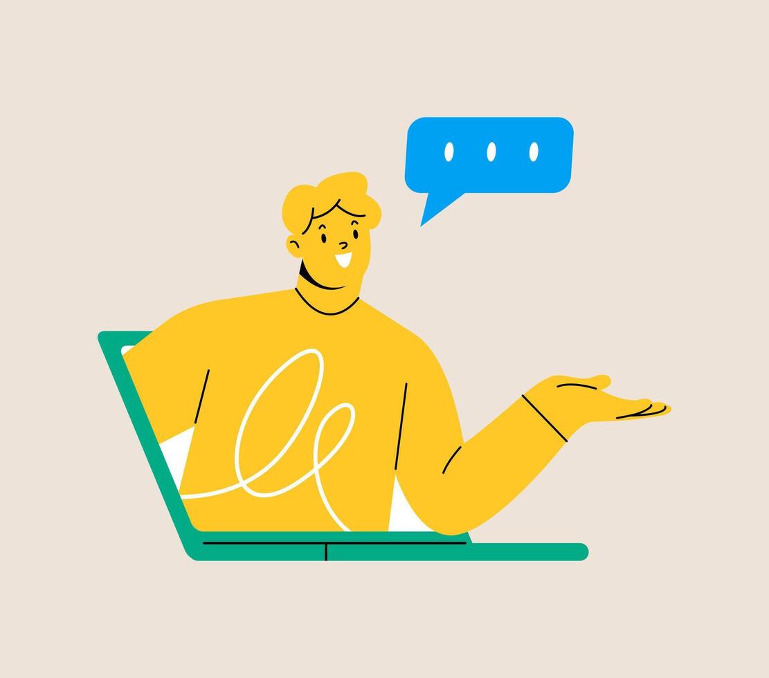 Man peeking out of laptop computer screen. Virtual call concept. Colorful illustration vector