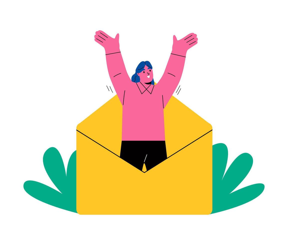 Email search, open new mail envelope. Business woman checks the email, opened the envelope. Flat illustration isolated on white background vector