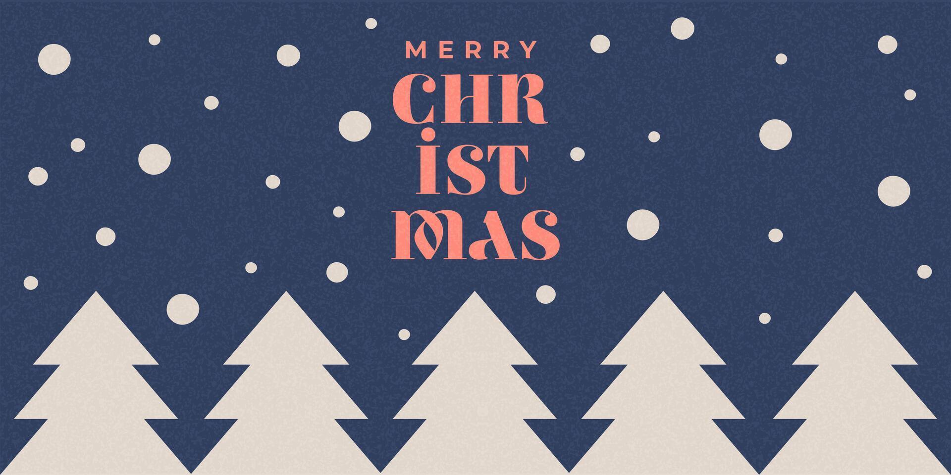 Modern Christmas banner with christmas trees, snow and textured background. Elegant typography, and abstract geometric trees. Minimal festive xmas background, invitation vector