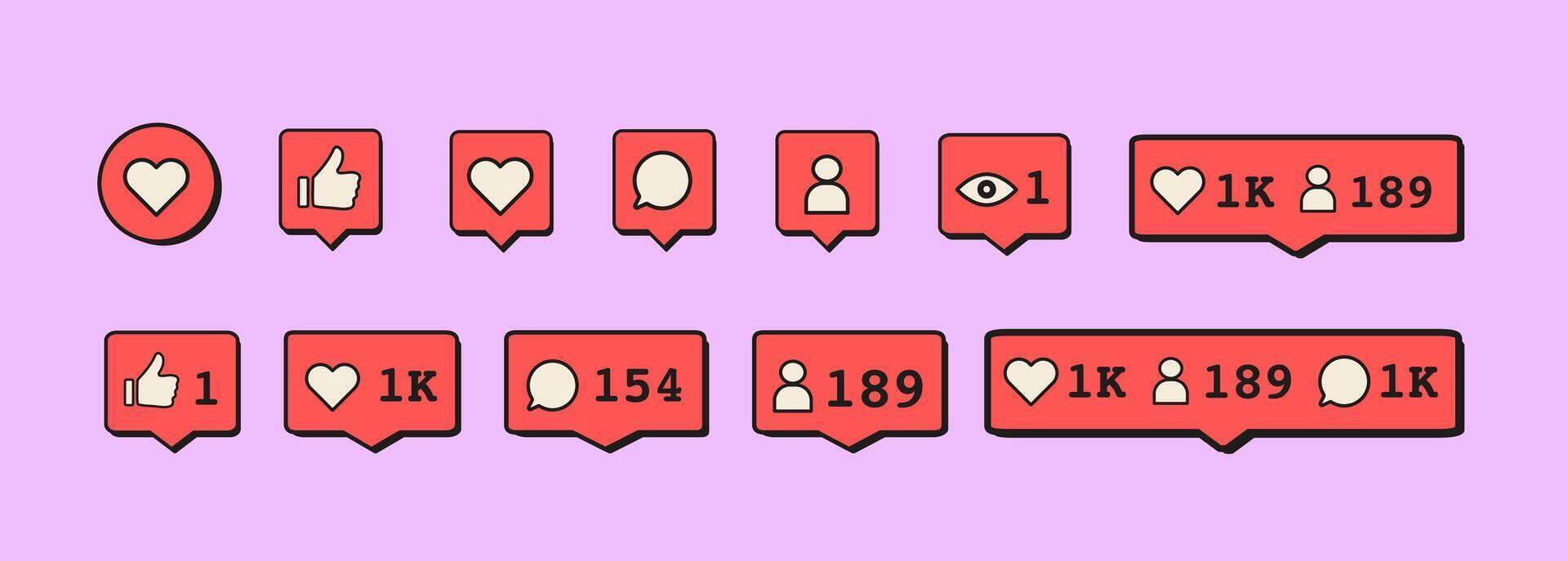 social medios de comunicación interfaz elementos y notificaciones con como, comentario, seguidor, y ver botones en surgir estilo para móvil o web ui plano estilo ilustración. vector