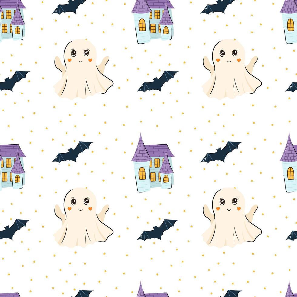 Cute seamless pattern with adorable ghost, castle and bat. background in Scandinavian style for design textile or backdrop vector