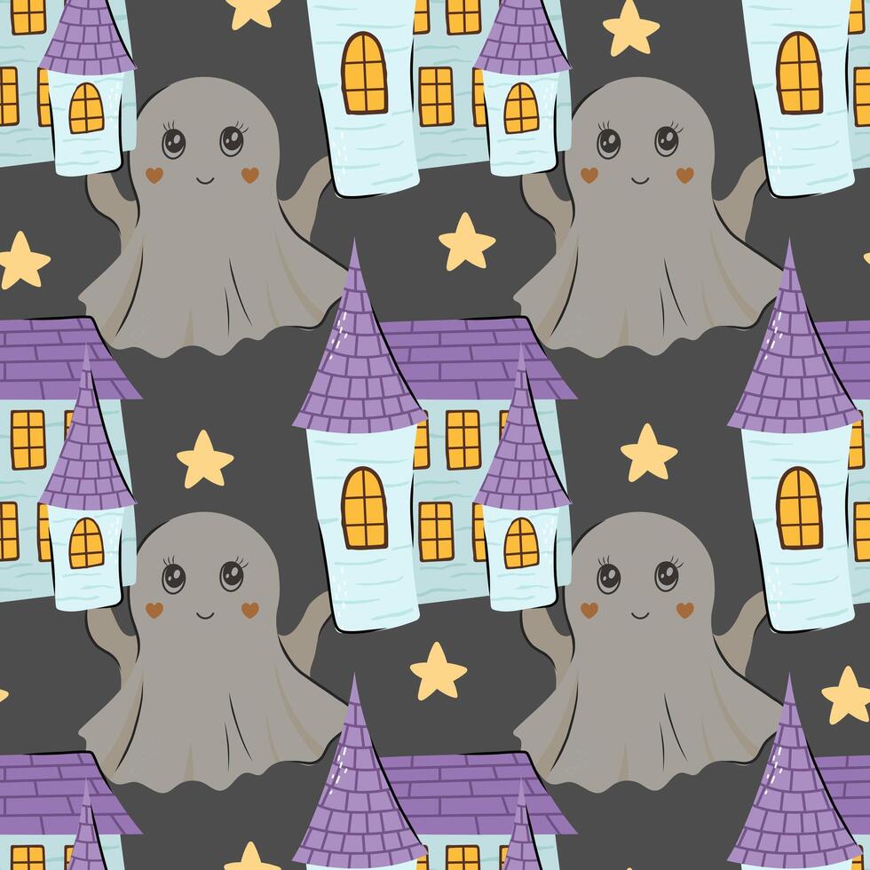 Cute seamless pattern with adorable ghost, castle and star. background in Scandinavian style for design textile or backdrop vector