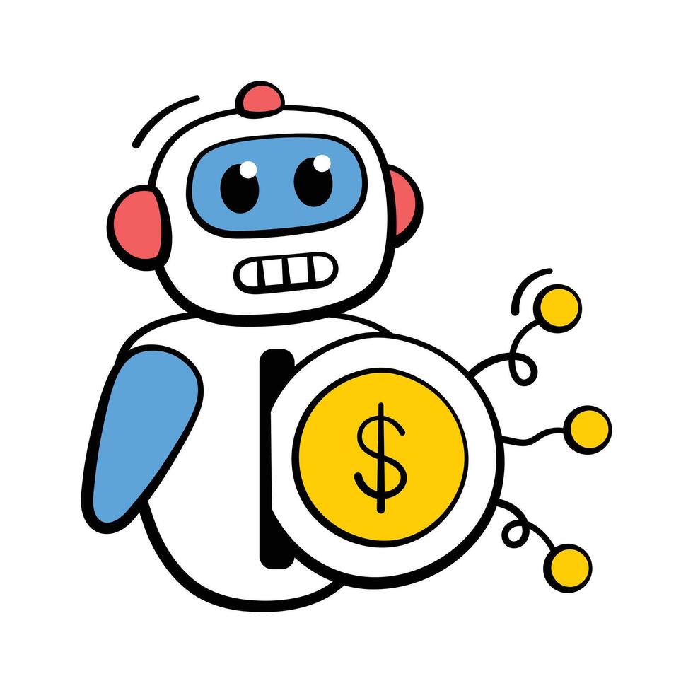 Hand drawn icon of an ai robot managing financial data and fintech automation vector