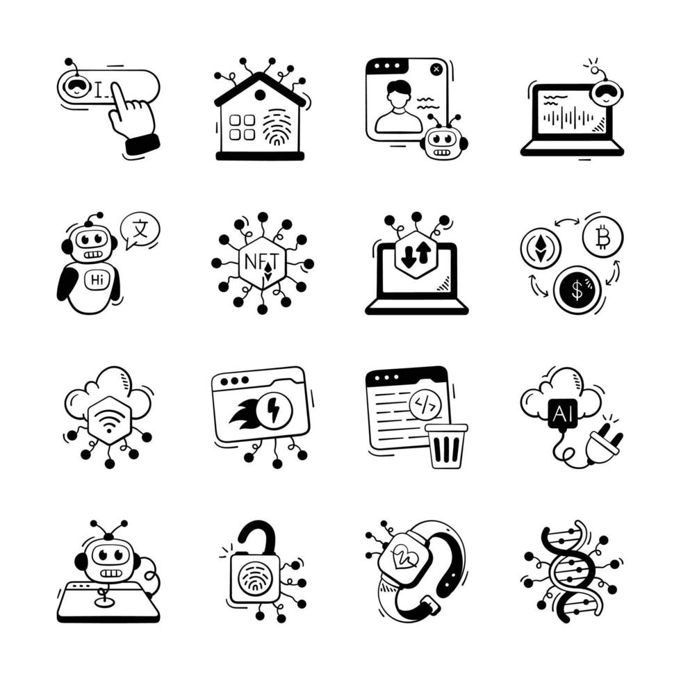 Get this amazing hand drawn icons set of artificial intelligence and technology vector
