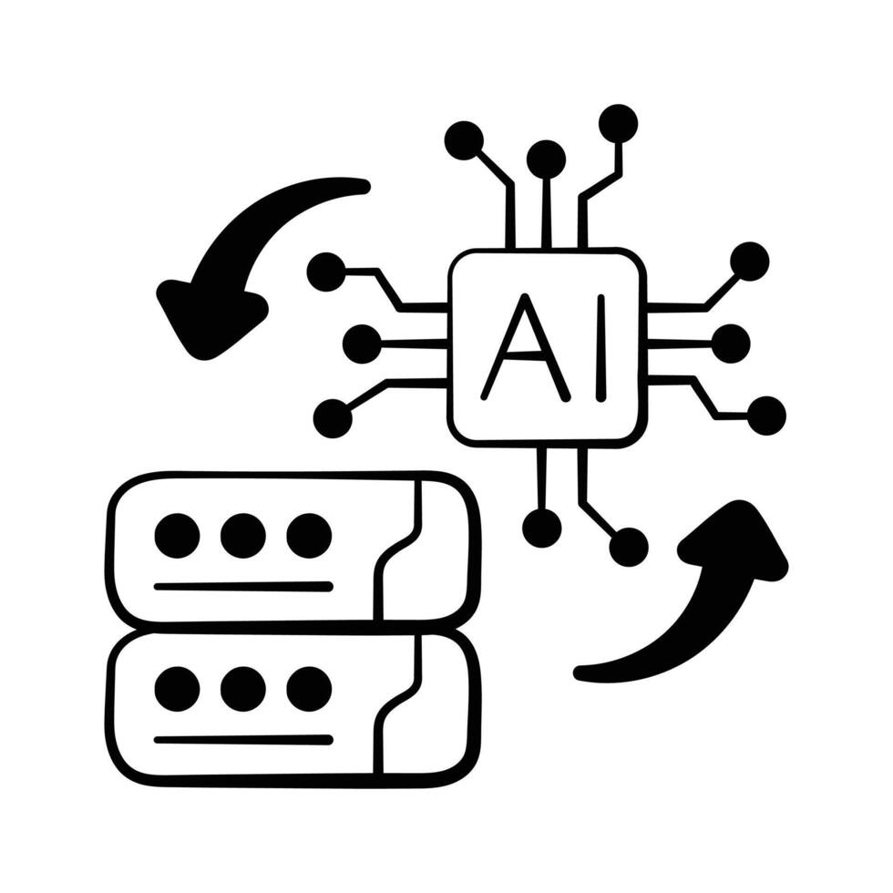 inteligente ai sistema Procesando datos Entre servidores, de moda garabatear icono. vector