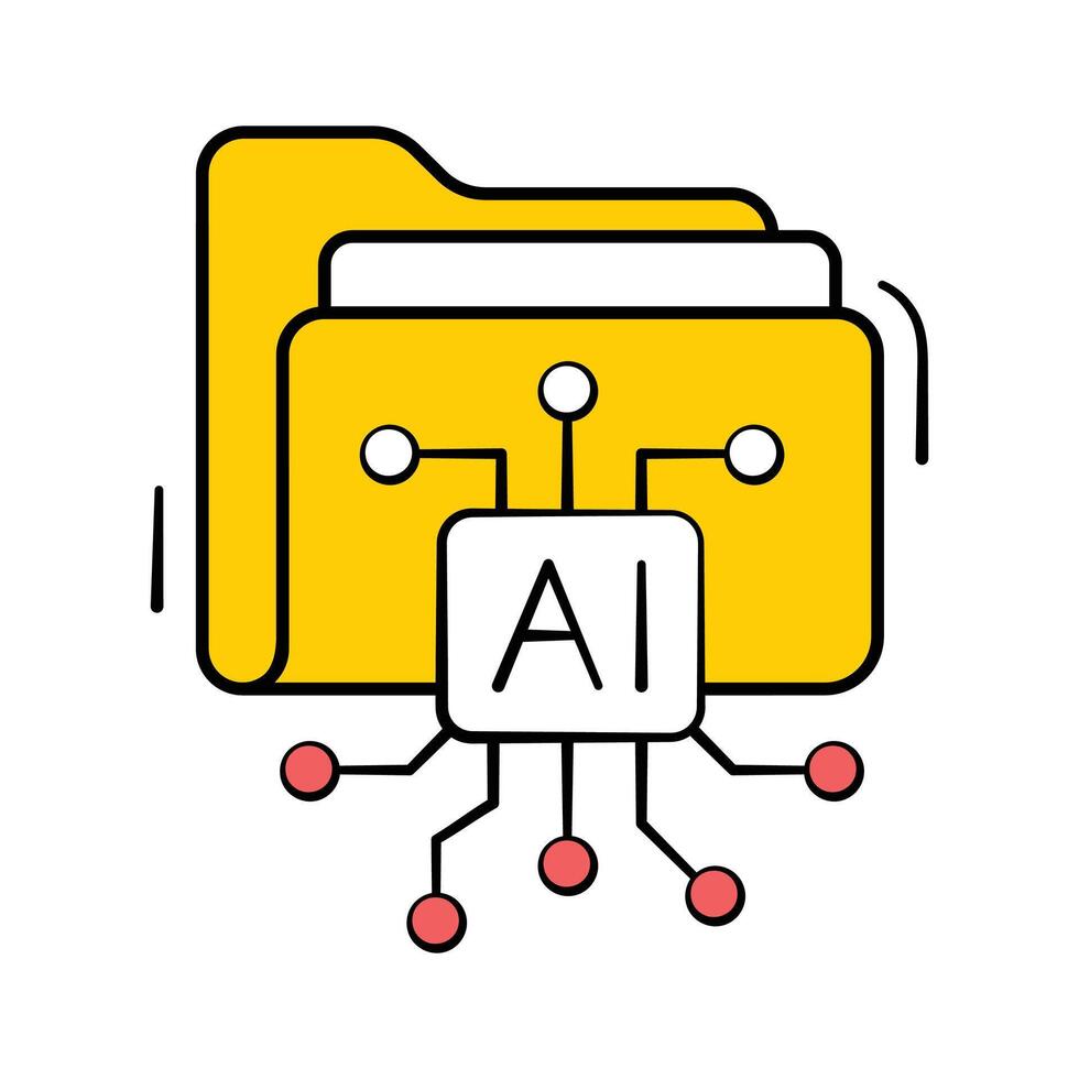 Folder icon with AI tech circuit for machine learning file storage, hand drawn icon vector