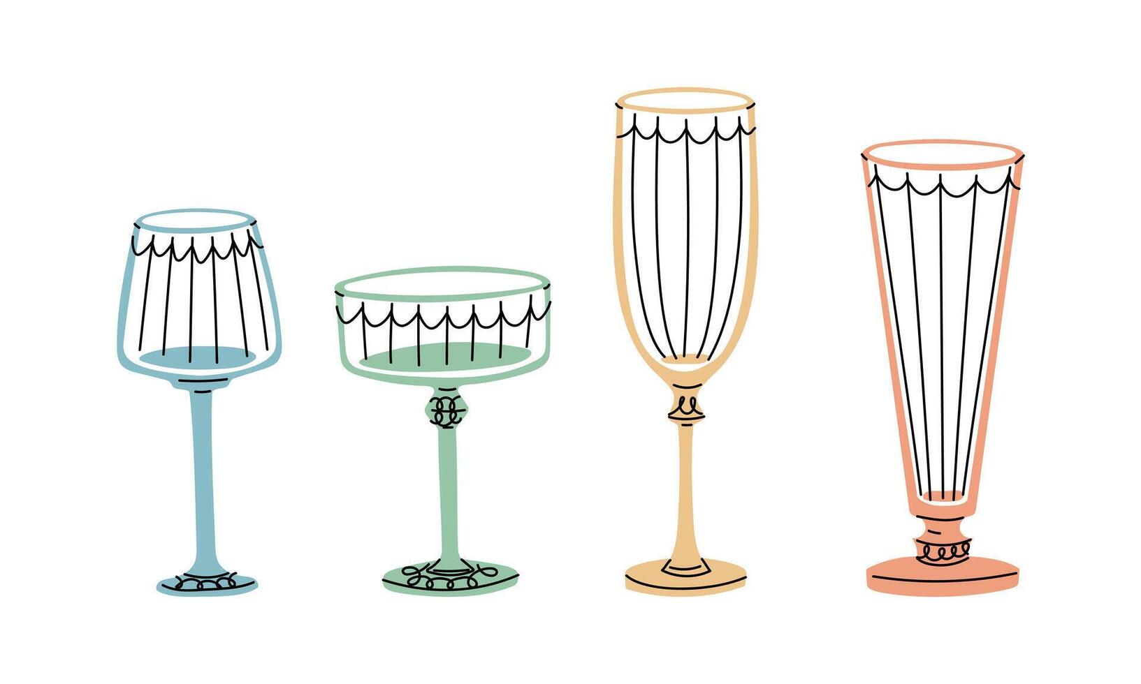 A set of decorative stemmed glasses in soft retro colors. Blue, green, beige and peach, unique shape for cocktails and champagne. For event planning, bar menu creation and nostalgic graphic design vector