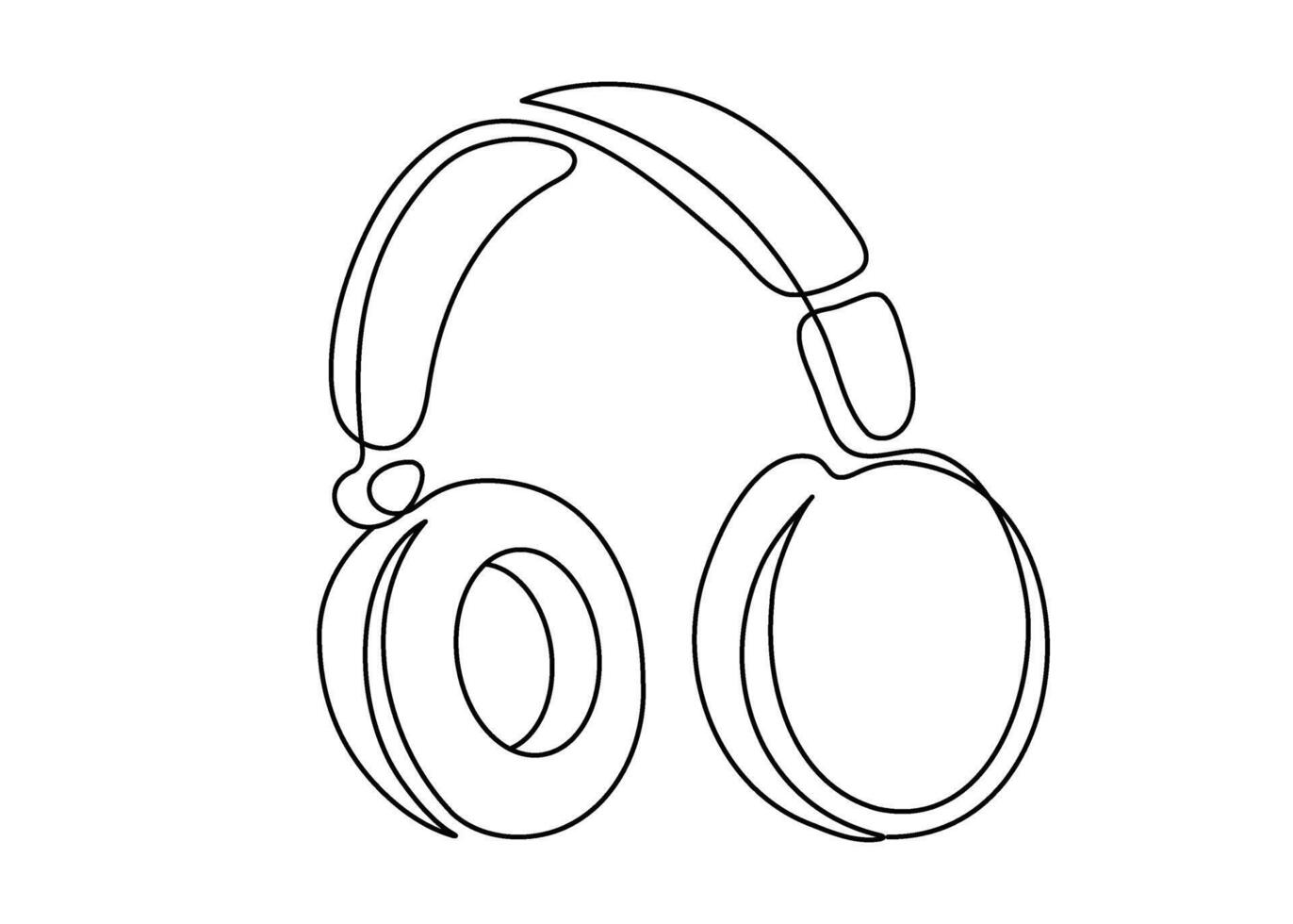 Headphones drawn in a single continuous line, creating a minimalist outline of a modern audio device. Simple one-line contour representing wireless listening, music, sound, and playlists. vector