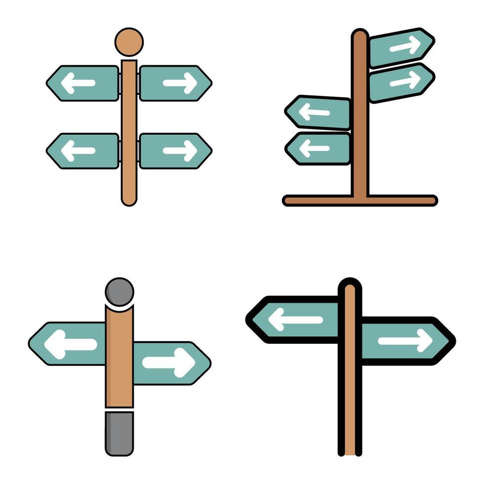 Directional signs on wood posts indicate pathways using different directions, showcasing navigation options on white background vector